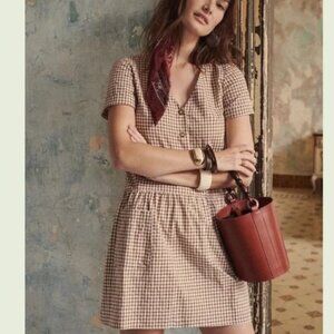 Sezane Lena Gingham Brown Tan White Mini Dress 36
